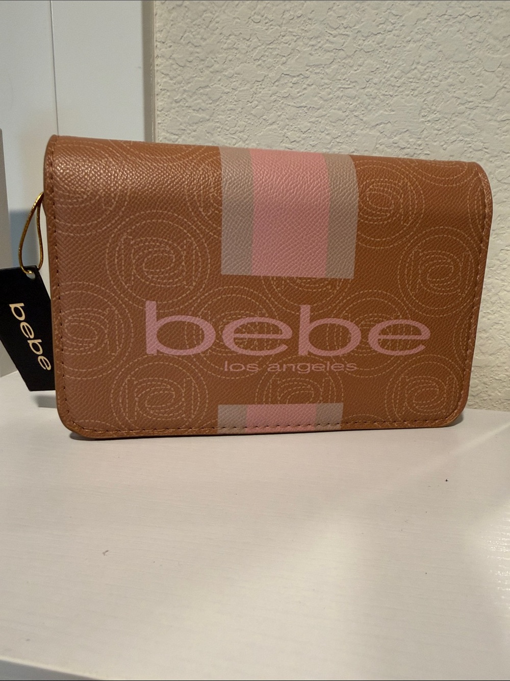 bebe Tan and Pink Logo Fold-Over Wallet